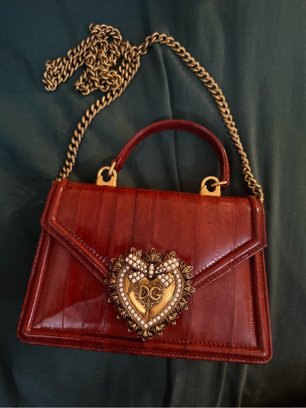 Dolce & Gabbana Burgundy Leather Heart-Embellished Shoulder Bag